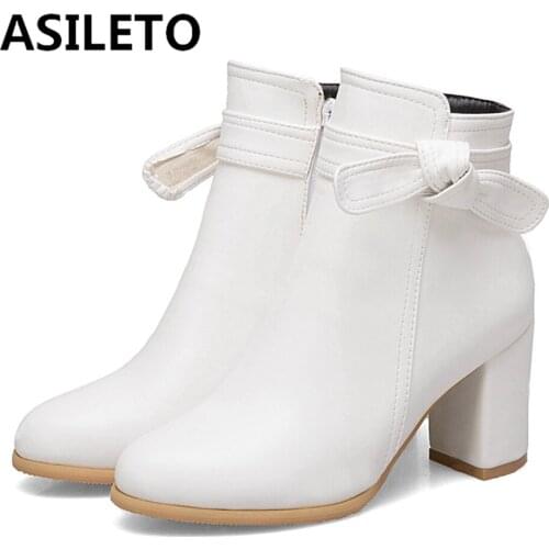 ASILETO Spring Autumn Ankle Boots Waterproof Woman Round Toe Bow Zipper 2022 7cm Chunky Square Heels Small Big 32-52 S2415