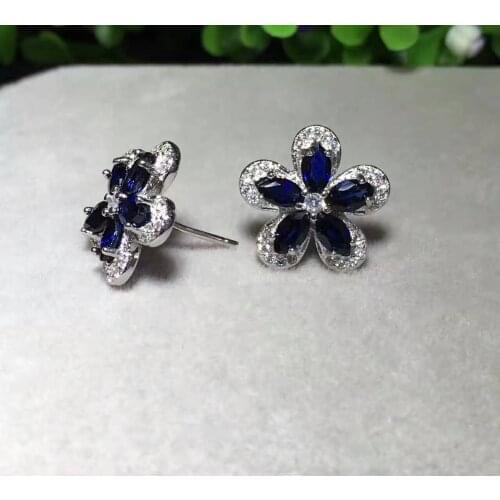 Natural blue sapphire stud earrings 925 silver natural gemstone earrings women fashion Flowers fine party gift Earrings jewelry