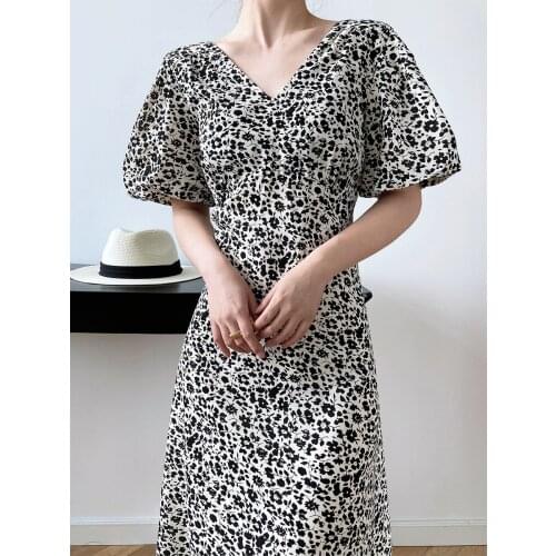 Ne Puff Sleeves Green Floral Printed Women Long Dress V-Neck Vintage Good Quality Lady Casual Dresses Vestidos Clothes