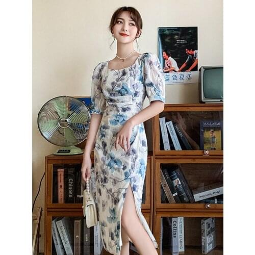 Summer New Womens Retro Printing French Square Neck Girly Temperament Long Dress Bohemia Travel Beach Style Long Dress