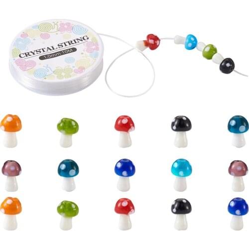 80pcs Lampwork Glass Mushroom Loose Beads Handmade Spacer Beads with Elastic Crystal Thread for DIY Bracelets Jewelry Making