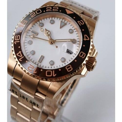 40mm White Sterile Dial Sapphire Glass Rose Gold Ceramic Bezel GMT Date Automatic Mechanical Mens Watch