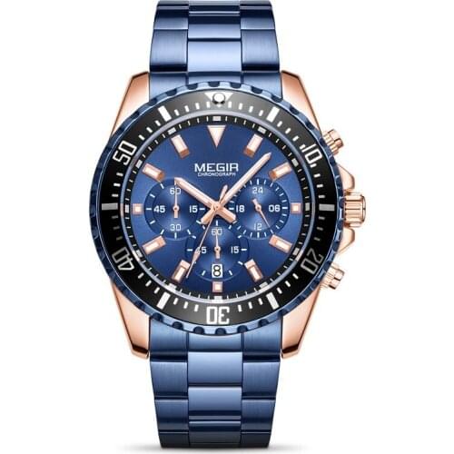 MEGIR Blue Business Quartz Watch Men Brand Stainless Steel Chronograph Army Military Wrist Watch Clock Relogio Masculino Male