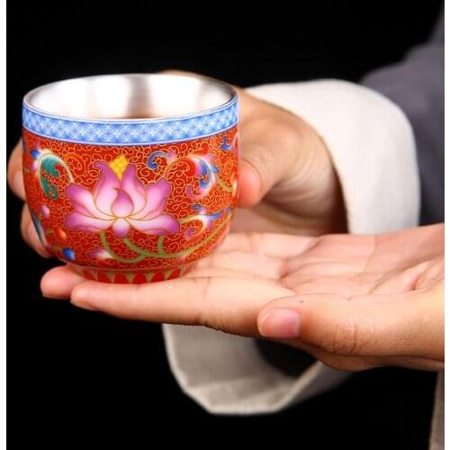 Tea Bowl Ceramic 999 Silver Cup Porcelain Enamel Teacup Master Small Tea Bowls Handmade Teaware Chinese Kung Fu Tea Set Puer Cup