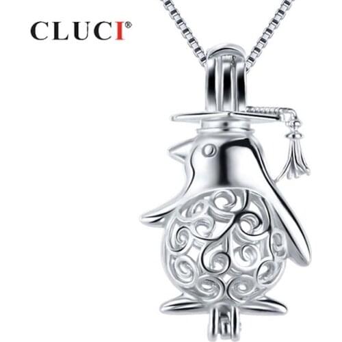CLUCI Silver 925 Cute Pendant Locket for Women Jewelry 925 Sterling Silver Graduated Penguin Shaped Pearl Cage Pendant SC367SB