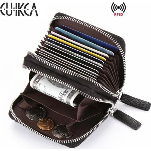 CUIKCA RFID Wallet Women Men Wallet Double Zippers Coins Purse Slim Leather Wallet Accordion style ID Credit Card Holders Cases