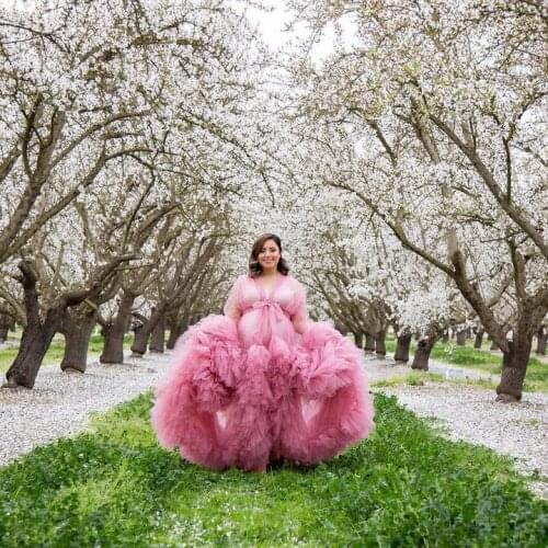 Extra Fluffy Pink Tulle Robes For Photo Shoot Long Sleeves See Thru Women Maternity Dressing Gowns Plus Size