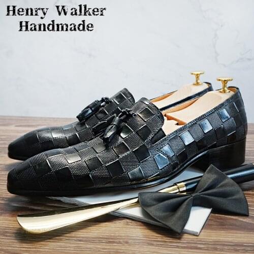 Italian Genuine Leather Shoes Mens Dress Casual Shoes Black Brown Plaid Prints Slip On Wedding Office Tassel Loafers Shoes Men