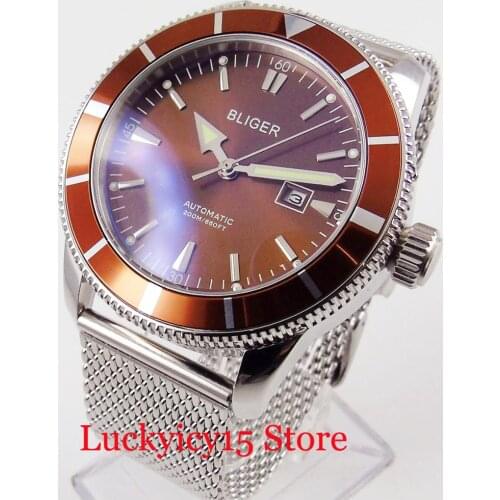 Coffee BLIGER Classic 46mm Stainless Steel Automatic Men Watch Date Function Date Window Rotating Bezel