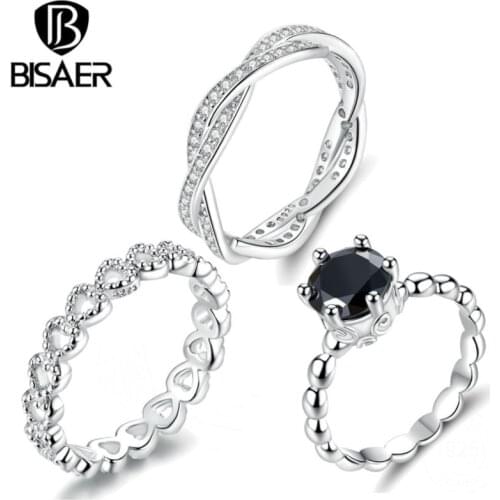 BISAER High Quality Wholesale Silver Color Heart to Heart Daisy Flower Ring Zircon Rings For Women silver plated Jewelry