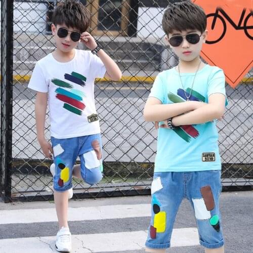 Children Clothing Set Summer Boys Clothes Sport Suit T-shirt+Denim Shorts 2pcs Outfits Teenage Boys Clothing 4 6 8 9 10 12 Years