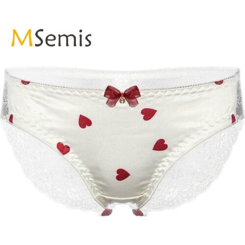 Mens Sissy Crossdress Underwear Cosplay Elastic Waistband Bowknot Diamond Adorned Hearts Print See-through Lace Back Cute Briefs