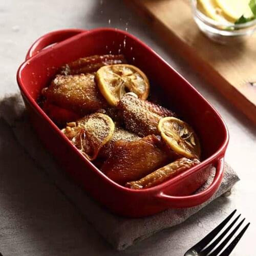 New red white Ceramic double ear baking plate rice bowl Ceramic tableware bread baking plate dinner plates