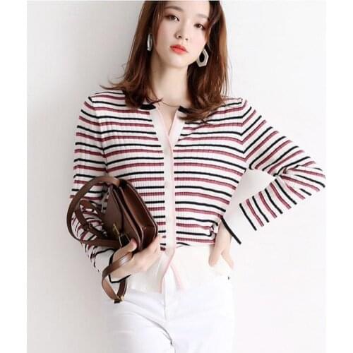 Autumn Japan Style Striped Knitted Cardigan Women Tops Single Breasted Long Sleeve V Neck Casual Knitting Modal Woman Sweater