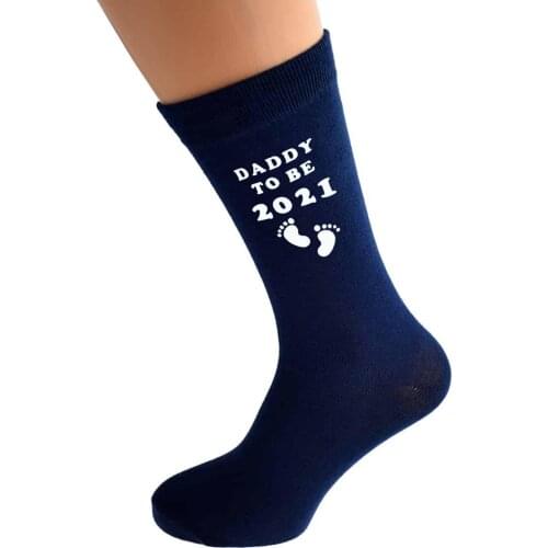 Personalized Gift Daddy to Be 2021 with Footprint Design printed in White on Mens Navy Blue Socks Great Present Groomsman Socks