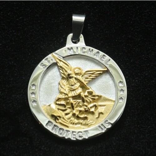 Unisex Cool 316L Stainless Steel Star SAINT MICHAEL PROTECT US Gold Silver-Color Pendant