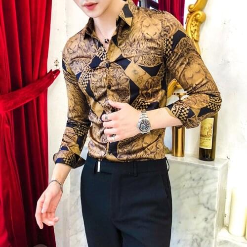 Luxury Gold Print Shirt Men Royal Retro Long Sleeve Shirts Party NightClub Tuxedo Shirts Casual Slim Fit Streetwear Blouse Homme