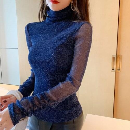 Plus Size Womens Bright Silk Top 2020 Spring Turtleneck Long Sleeve Shirt Sexy Mesh Transparent Shining Sexy Flexible Shirts