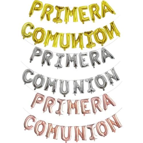 Holy First Communion Decoration Rose Gold Foil Balloons Banner Spanish Primera Comunion Hanging Bunting Baptism Ceremony Decor
