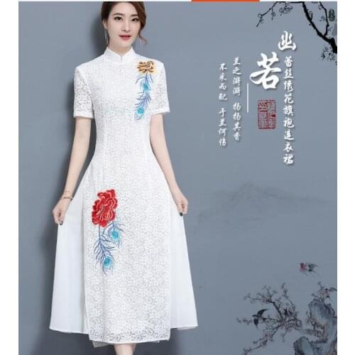 Embroidered Vietnam ao dai Lace Cheongsam dress Summe White Chinese dress