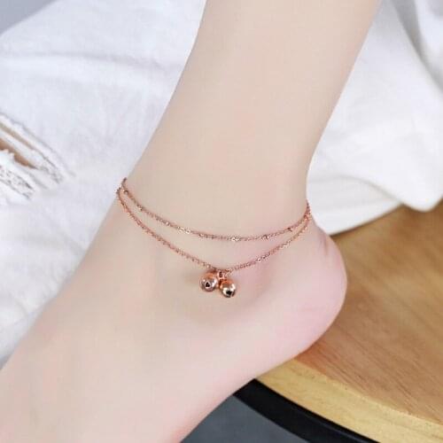 YUN RUO Fashion Rose Gold Anklet Double Bells Chain Charm Woman Girl Gift 316 L Stainless Steel Jewelry Top Quality Never Fade