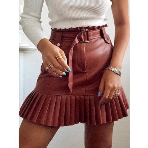 Leather Mini Skirt Women Belt Pleated A Line High Waist Patchwork Ladies Skirts Party Spring Winter Clothes Streetwear For Girls