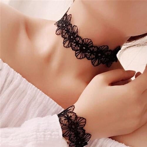 Fashion New 2021 Women Width Black White Lace Flower Choker Necklace Bracelet Punk Gothic Jewelry Set For Wedding Party
