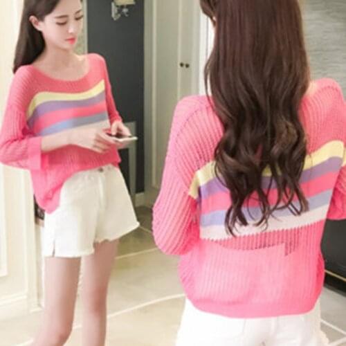 Round neck Knit Sweater Women 2021 Spring Summer New Short-Sleeved Loose Hollow Sunscreen Blouse Color Matching Sweaters Female