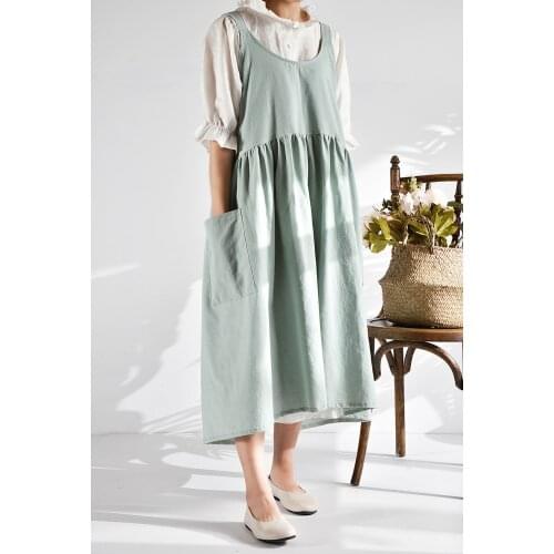 2020 Summer Autumn Women Fashion Cotton Linen Dress Plain Sundress Apron Garden Work Pinafore Dress Loose Pockets Mid-Calf Dress