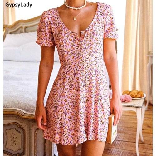 GypsyLady Floral Printed Mini Dress Summer Holiday Women Dress Casual Chic V-neck Button Front Sexy Chic Ladies Female Dress