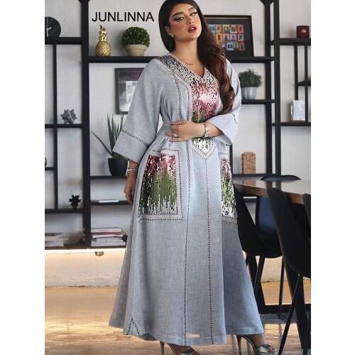 Muslim Loose Dress Robe Casual Sequins Embrodiery Dresses V Neck Long Sleeve Women Leisure Dress