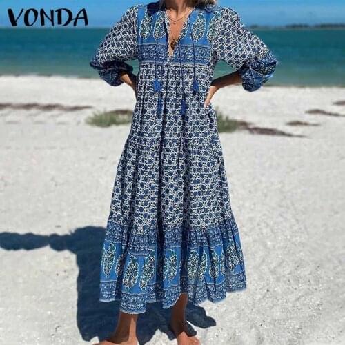 VONDA 2021 Women Party Dress Bohemian Vintage Pleated Long Dresses Summer Long Sleeve Floral Printed Vestidos Robe