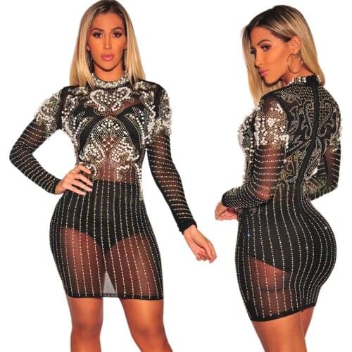 BE HYGGE 2020 New Womens Black Mesh See-through Mini Dress Sexy Round Neck Long Sleeve Beaded Bodycon Dress Club Party Vestidos