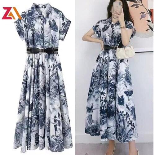 ZALady designer runway zevity vintage printed midi dresses for women retro short sleeve summer chic streewear party dress mujer