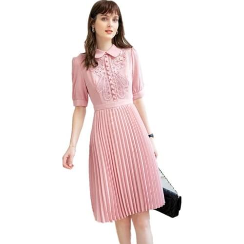 Womens Spring Mini Dresses 2021 New Boll Collar Age Reduction Jupe Plissée Heavy Industry Embroidered Short Sleeve Dress