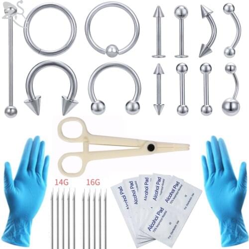 ZS Body Piercing Tool Kit 12-20G Disposable Professional Body Piercing Needles Clamp Gloves Tools Ear Tragus Nose Navel Piercing
