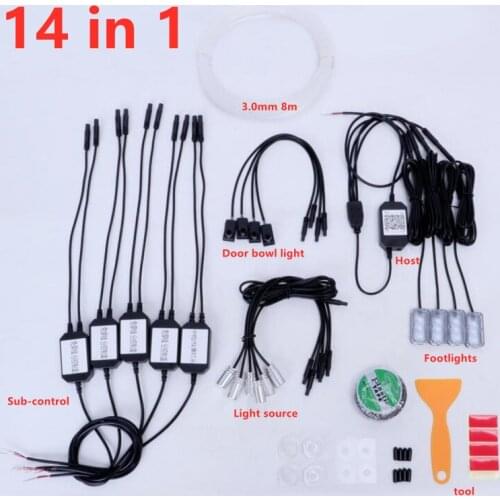14 in 1 RGB 8M Car Fiber Optical Strip Light Car Atmosphere Lights EL Neon Wire Strip Light RGB Multiple Modes App Sound Control