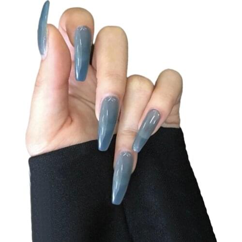24pcs Blue Wear Long Paragraph Fashion Manicure Patch False Nail Full Cover Wearable Coffin Fake Nail Glossy Ballerina Art NN