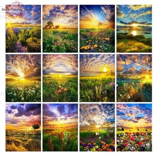 5D Diamond Painting Sunset Beautiful Scenery Home Decor Mosaic Diamond Embroidery Flower Field Sunlight Sky Landscape Handicraft