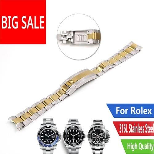 CARLYWET 20mm Middle Gold Solid Curved End Screw Links Glide Lock Clasp Steel Watch Band For Rolex OYSTER Daytona GMT Submariner