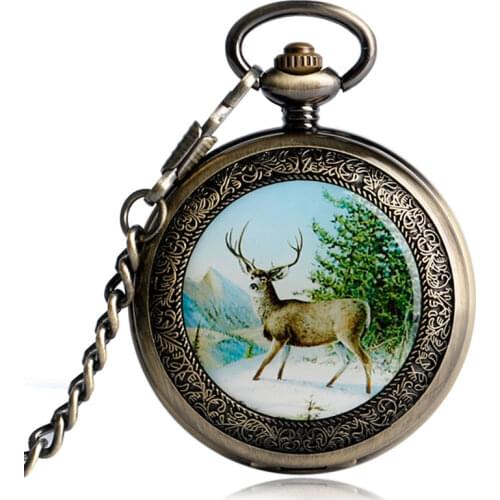 Retro Steampunk Hand Winding Mechanical Pocket Watch Luxury Gift Chain Cool Elk Moose Men Watches Copper Pendant Clock