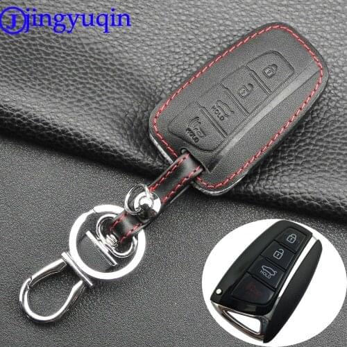 Jingyuqin Remote 4 Buttons Car Key Case Fob Cover For Hyundai Genesis Santa Fe Equus Azera Genuine Leather Key Shell Holder