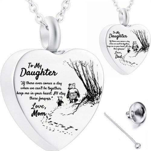 To My Daughter Heart Cremation Urn Necklace for Ashes Urn Jewelry, Carved Locket Stainless Steel Memorial Pendant From Mom& Dad