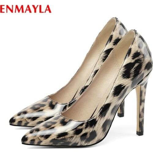 ENMAYLA 2020 Sexy High Heels Patent Leather Pointed Toe Party Slip-On Ladies Shoes Thin Heels Basic Mature Leopard Women Shoes