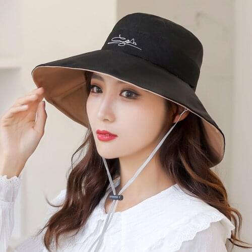 HanXi панама Embroidered Daisies Double-Faced Unisex Bucket Hat Summer Big Brim Cap with Windproof Rope