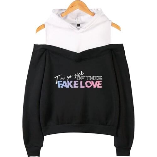 Bangtan Boys Fake Love Off-shoulder Hoodies Womens Fashion Sweatshirt Print Fake Love Hip Hop Hoodie Pullover Hooded