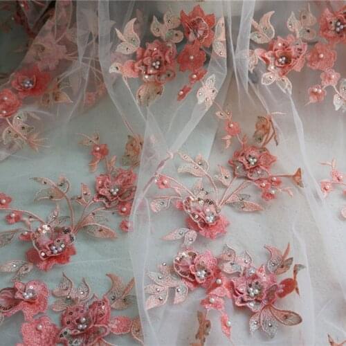 Coral 3D Pearl Beading Lace Fabric 2020 Fashionable Mesh Embroidery Applique 3D Flower Beaded Lace Fabrics For Bridal Dress