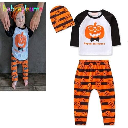 Halloween Outfits Pumpkin 3 Piece Sets Newborn Baby Girls Boys Clothes Cartoon T-shirt+Stripe Pants+Hat Infant Clothing BC1633-1