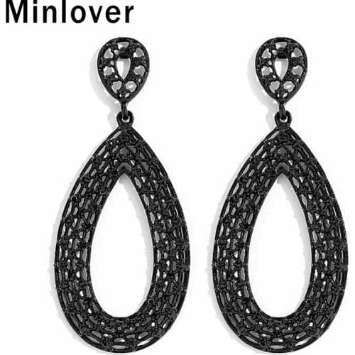 Minlover Black Rhinestone Water Drop Earrings for Women Unique Bride Long Oval Teardrop Pendant Earrings Wedding Jewelry MEH1450