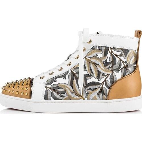 Fashion Leaves Print Mens Casual Shoes Rivets Stud Leather Patchwork Lace Up High Top Flats Shoes Men Street Style Sneakers